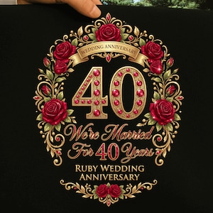 Può includere: Un cartello nero con una grafica dorata e rossa del numero 40, circondato da una corona di rose rosse e filigrana dorata. Il testo recita: Wedding Anniversary, We're Married For 40 Years e Ruby Wedding Anniversary in caratteri dorati.
