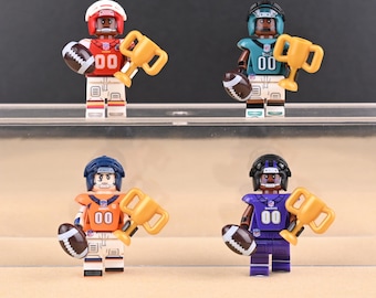 NFL 4-Team Minifigure Set: Eagles, Ravens, Chiefs, Broncos Building Brick Display