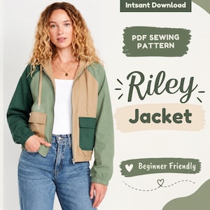 May include: A color-blocked zip-up jacket featuring dark green sleeves, a light green body, and tan panels with two front flap pockets. Text on the image reads: Intsant Download, PDF SEWING PATTERN, Riley Jacket, Beginner Friendly.