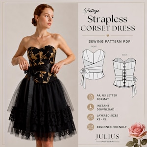 Pode incluir: Um molde de costura PDF para vestido corset sem alças com corpete floral preto e dourado, laço de cetim preto na cintura e saia de tule preto em camadas com acabamento em renda. Inclui desenhos técnicos da frente e das costas.