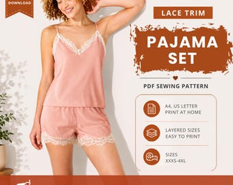 Pajama Set Sewing Pattern, Women Sleepwear Pattern, Lace Trim Sewing Pattern, Shorts Pattern, Lingerie Pattern, nightwear patterns,(XXS-4XL)