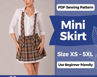 Mini Skirt Sewing Pattern, Womens Skirt Sewing Pattern, Vintage Skirt Pattern, Tie Pattern, Pleated Skirt, Sizes XS-5XL (Instant Download)