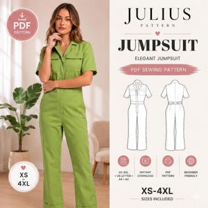 Peut inclure: Une combinaison vert citron à manches courtes avec col, patte de boutonnage avant et poches poitrine. L'image contient le texte JULIUS PATTERN JUMPSUIT, PDF SEWING PATTERN, et XS-4XL SIZES INCLUDED, avec des dessins techniques du vêtement.
