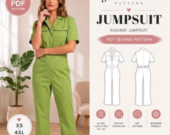 Jumpsuit Sewing Pattern PDF, Women utility jumpsuit, Boiler Suit Sewing Pattern, Shirt Collar Jumpsuit, Button Front Romper Pattern, DIY