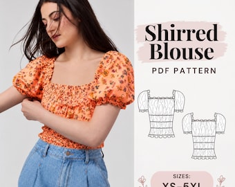 Puff Sleeve Top pattern, Blouse Sewing Pattern, Cottagecore Pattern, Casual Top Pattern,  Crop Top Pattern, Shirred top pattern, DIY Pattern