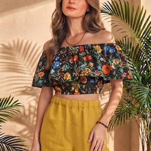 Boho Floral Off Shoulder Ruffle Crop Top Women PDF Sewing Pattern XS to 3XL Beginner Friendly