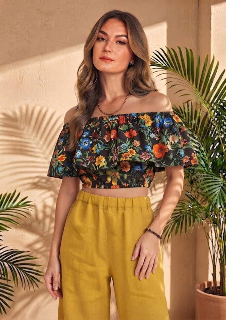 Boho Floral Off Shoulder Ruffle Crop Top Women PDF Sewing Pattern XS to 3XL Beginner Friendly