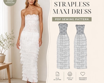 Maxi Dress Pattern, Fringe Dress Pattern, Womens Evening Dress, Strapless Dress Sewing Pattern, Party Dress Pattern, Formal Dress Pattern