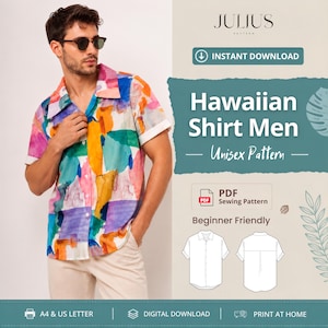 May include: A short-sleeve button-down shirt featuring a multicolored abstract paint-like pattern in shades of pink, orange, yellow, purple, and teal. The digital download product graphic includes the text JULIUS PATTERN, Hawaiian Shirt Men, Unisex Pattern, PDF Sewing Pattern, and Beginner Friendly, with line drawings of the front and back of the shirt.