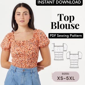 Patrón de costura en PDF para top de manga abullonada / Patrón de top corto fruncido / Blusa estilo cottagecore / Top casual para mujer / Patrón digital para hacer tú misma