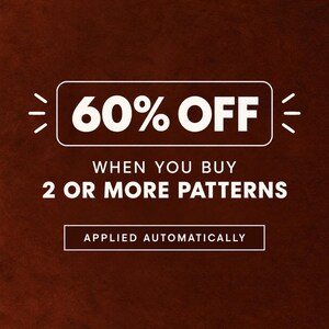 May include: A dark brown background with white text that reads 60% OFF, WHEN YOU BUY 2 OR MORE PATTERNS, and APPLIED AUTOMATICALLY. The text 60% OFF is enclosed in a white rectangular outline with small white lines radiating from the sides.