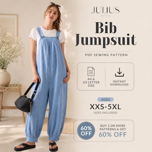 Może przedstawiać: Jasnoniebieski kombinezon z szelkami i biały t-shirt, z tekstem Julius Bib Jumpsuit PDF Sewing Pattern, A4 & US Letter Size, Instant Download, Sizes XXS-5XL oraz 60% off for two or more patterns.