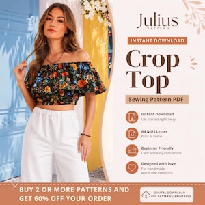 Può includere: Un top corto nero con spalle scoperte e una vivace stampa floreale con fiori blu, arancioni e gialli. Il testo sull'immagine recita Julius Pattern, Instant Download, Crop Top, Sewing Pattern PDF, A4 & US Letter e Beginner Friendly.