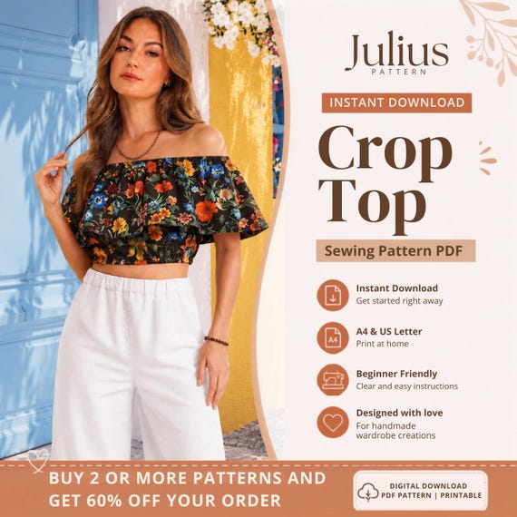 Floral Crop Top for Women Crop Top Sewing Pattern PDF, Summer Top Women Pattern, Boho Top Pattern, PDF Sewing Pattern Women, Boho Floral Top