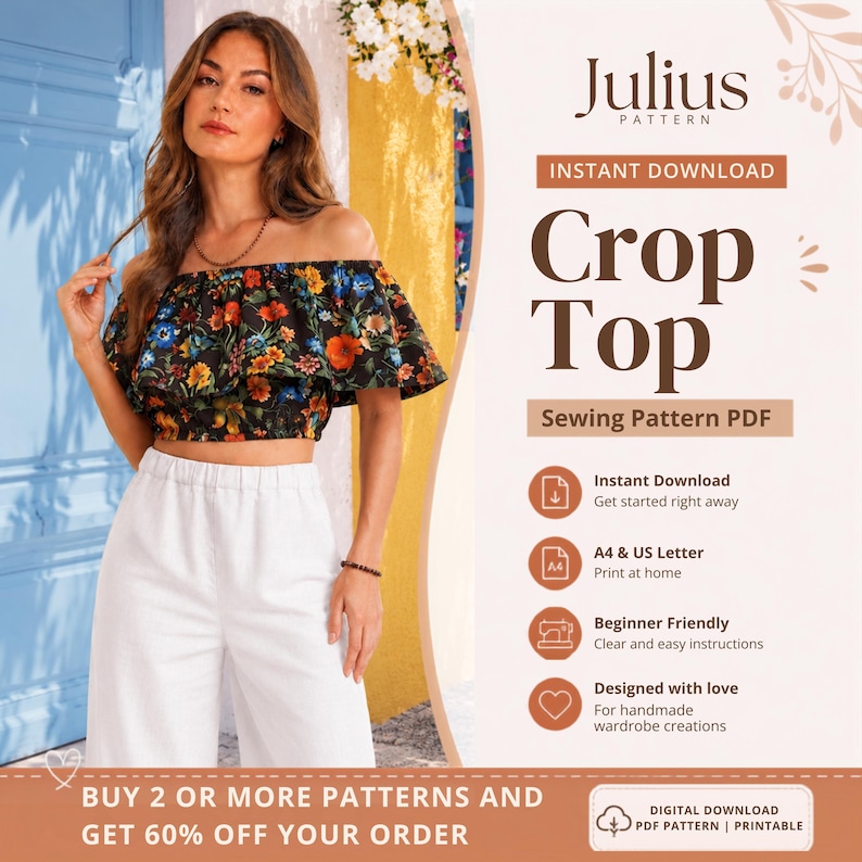 Julius Pattern Floral Ruffle Crop Top PDF Sewing Pattern Instant Download A4 US Letter Beginner Friendly Buy 2 Get 60 Off
