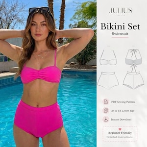 May include: A bright pink bikini set featuring a bandeau-style top with thin straps and high-waisted bottoms. The image includes a digital sewing pattern labeled JULIUS Bikini Set Swimsuit, showing front and back technical line drawings.