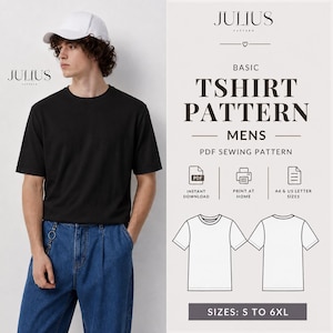 Pode incluir: Uma t-shirt preta de manga curta com calças de ganga azuis e um boné branco. À direita, o texto JULIUS PATTERN BASIC TSHIRT PATTERN MENS PDF SEWING PATTERN com ícones para download, impressão em casa e formatos A4 e US letter.