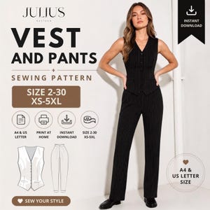 May include: A black pinstriped vest and matching trousers sewing pattern by Julius Pattern. The design includes a button-front vest and straight-leg pants. Text includes JULIUS PATTERN, VEST AND PANTS SEWING PATTERN, SIZE 2-30 XS-5XL, A4 & US LETTER, PRINT AT HOME, INSTANT DOWNLOAD, and SEW YOUR STYLE.