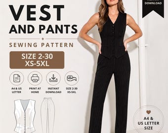 Vest And Pants Pattern, Pants and Vest Sewing Pattern, Plaid Vest Pattern, Women Waistcoat Pattern, Women Waistcoat Set, Pinstripes Pattern