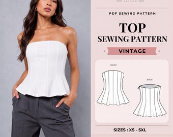 Top Sewing Pattern vintage, crop top sewing pattern, Beginner Sewing Pattern Top, Peplum top pattern, Strapless Peplum Top, peplum blouse