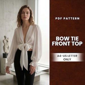 Pode incluir: Um top branco com laço frontal, mangas compridas e decote em V profundo. As mangas têm punhos franzidos. O top é combinado com calças pretas. O texto à direita diz "PDF PATTERN" e "BOW TIE FRONT TOP".