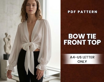 Bow Tie Front Top Blouse Sewing Pattern PDF | Bishop Sleeve Top DIY | Tie Front Shirt Tutorial | Beginner Friendly Sewing Summer Top Pattern