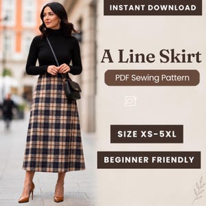 Puede incluir: Un patrón de costura PDF digital para una falda en línea A, con el texto INSTANT DOWNLOAD, A Line Skirt, PDF Sewing Pattern, SIZE XS-5XL y BEGINNER FRIENDLY. La imagen muestra una falda larga a cuadros en tonos beige, azul marino y negro.