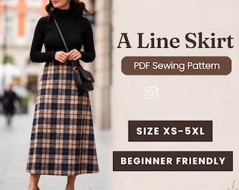 A Line Skirt Pattern, Midi Skirt Sewing Pattern, Women Skirt Sewing Pattern PDF, Zipper Skirt Pattern, Flared Skirt Sewing, Instant Download