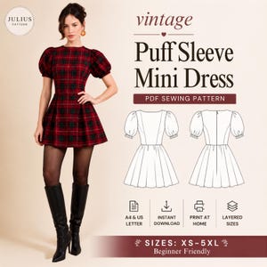 Puff Sleeve Dress Patterns, Mini Dress Pattern, Short Sleeve Dress Pattern, Vintage Mini Dress Pattern, Retro Dress Sewing Pattern, (XS-5XL)