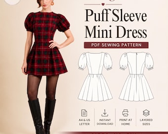 Puff Sleeve Dress Patterns, Mini Dress Pattern, Short Sleeve Dress Pattern, Vintage Mini Dress Pattern, Retro Dress Sewing Pattern, (XS-5XL)