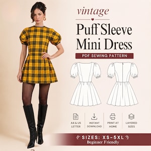 Könnte beinhalten: Ein gelb-schwarzes kariertes Minikleid mit Puffärmeln und Rundhalsausschnitt. Das Bild enthält den Text: vintage Puff Sleeve Mini Dress PDF SEWING PATTERN, A4 & US LETTER, INSTANT DOWNLOAD, PRINT AT HOME, LAYERED SIZES, SIZES: XS-5XL.
