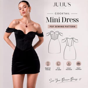 以下が含まれることがあります： オフショルダーの黒いミニドレスで、コルセット風のボディスとハート型のネックラインが特徴です。画像には「JULIUS PATTERN COCKTAIL Mini Dress PDF SEWING PATTERN」というテキストと、前面と背面の技術的な線画が含まれています。