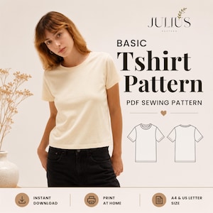 Può includere: Un cartamodello digitale per una t-shirt base, con il testo JULIUS PATTERN, BASIC TSHIRT PATTERN, PDF SEWING PATTERN, INSTANT DOWNLOAD, PRINT AT HOME e A4 & US LETTER SIZE, incluso un disegno al tratto del davanti e del retro.