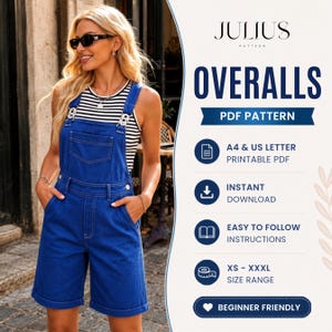 Könnte beinhalten: Ein Schnittmuster für eine blaue Jeans-Latzhose von Julius Pattern. Die digitale Datei enthält druckbare PDF-Formate in A4 und US Letter, Sofort-Download, leicht verständliche Anleitungen und einen Größenbereich von XS bis XXXL.