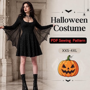 Könnte beinhalten: Ein schwarzes Langarmkleid mit Rundhalsausschnitt und transparenten Fledermausflügel-Ärmeln. Der Text lautet Halloween Costume, PDF Sewing Pattern und XXS-4XL. Unter dem Text befindet sich eine Grafik eines orangefarbenen Kürbisses mit Fledermaus-Symbolen.