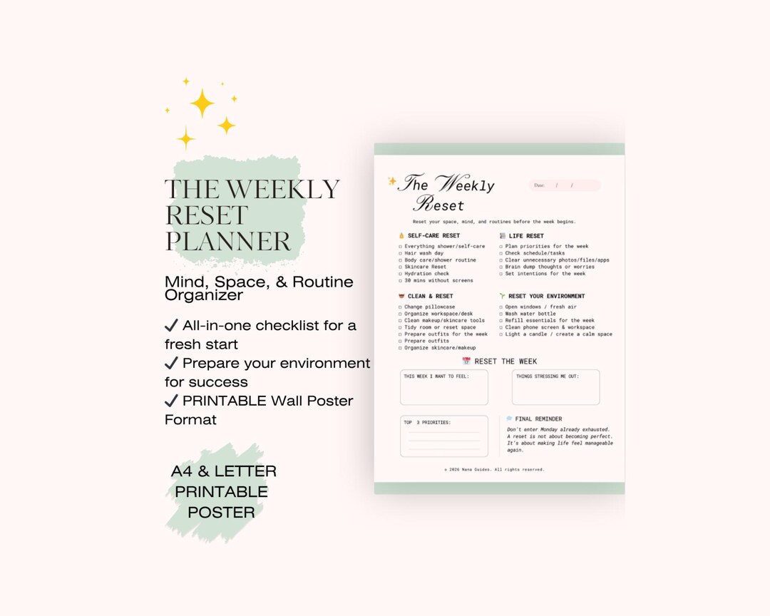 Sunday Reset Routine Planner | Weekly Glow up Checklist PDF | Self Care ...
