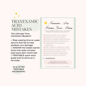 May include: A digital infographic titled TRANEXAMIC ACID MISTAKES featuring a checklist of skincare errors. The document includes text about tone correction, sun damage, and post-acne marks, with a printable A4 and letter format guide.