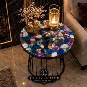 Handmade Agate Coffee Table Colorful Gemstone Top Luxury Gold Accent Decor