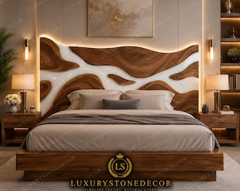 Handmade Natural Wood Headboard White Epoxy Resin Modern Luxury Bedroom Decor