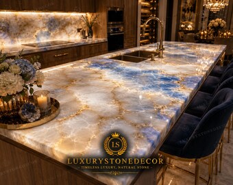 White Blue Onyx Countertop Luxury Kitchen Island Slab Natural Stone Surface