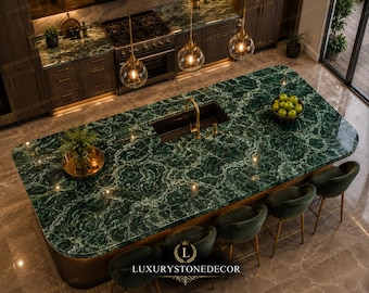 Genuine Malachite Slab Countertop: Luxury Green Gemstone Kitchen Island Surface