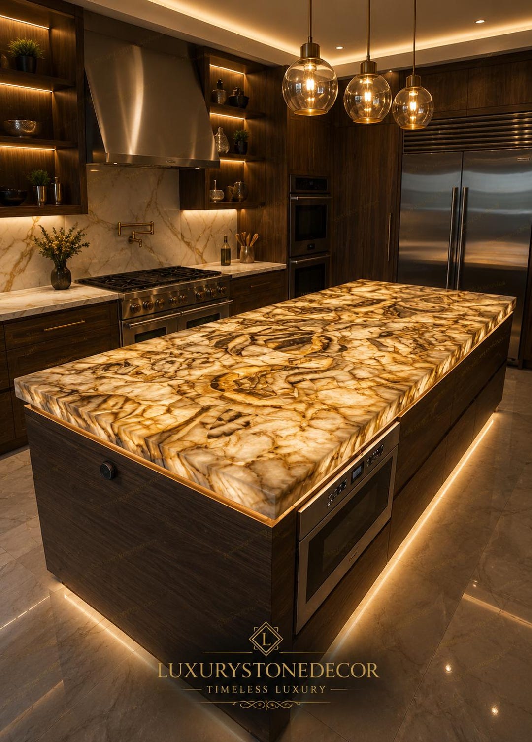 Luxury Honey Onyx Countertop Backlit Translucent Stone Kitchen Island ...