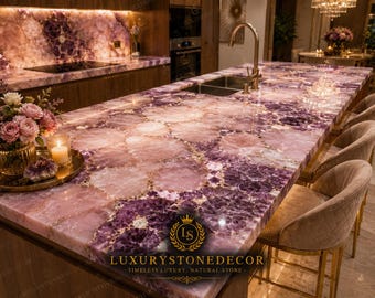 Rose Quartz Amethyst Countertop Luxury Kitchen Island Slab Handmade Gemstone Surface