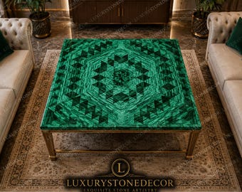 Regal Green Malachite Square Table Top Luxury Centerpiece Decorative Stone Furniture Art