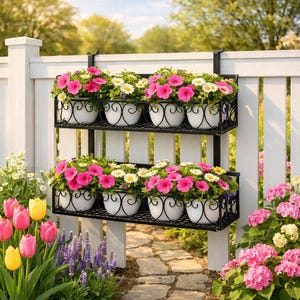 May include: A two-tier black metal hanging planter rack mounted on a white fence. The rack holds four white round pots filled with vibrant pink petunias and white daisies. The metal frame features decorative scrollwork along the front edges.
