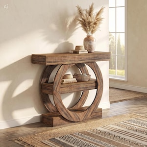 May include: A wooden console table with a unique circular design. The table has a rectangular top and a lower shelf, with a decorative circular element in the middle. The table is made of dark brown wood and is decorated with a vase and books.