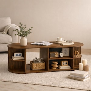 Expandable Oval Coffee Table Walnut | Mid Century Storage Center Table