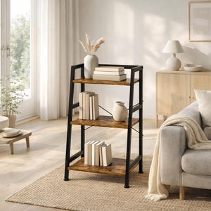 May include: A three-tier ladder shelf featuring a black metal frame and brown wood-grain shelves. The unit holds several books on each level, a light-colored vase with dried foliage on the top shelf, and a small round vase on the middle shelf.