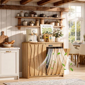 May include: A kitchen scene with wooden shelves holding pots, plants, and jars. A cream-colored coffee maker sits atop a wooden cabinet with a unique wave-like door design. A "MATISSE" art print and flowers add decor.