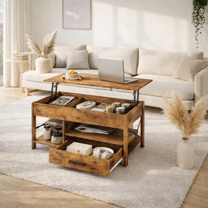 May include: A rustic brown wooden lift-top coffee table featuring a metal lifting mechanism, an open storage compartment containing books and jars, a middle shelf, and a bottom drawer with a black handle, all resting on a light-colored rug.